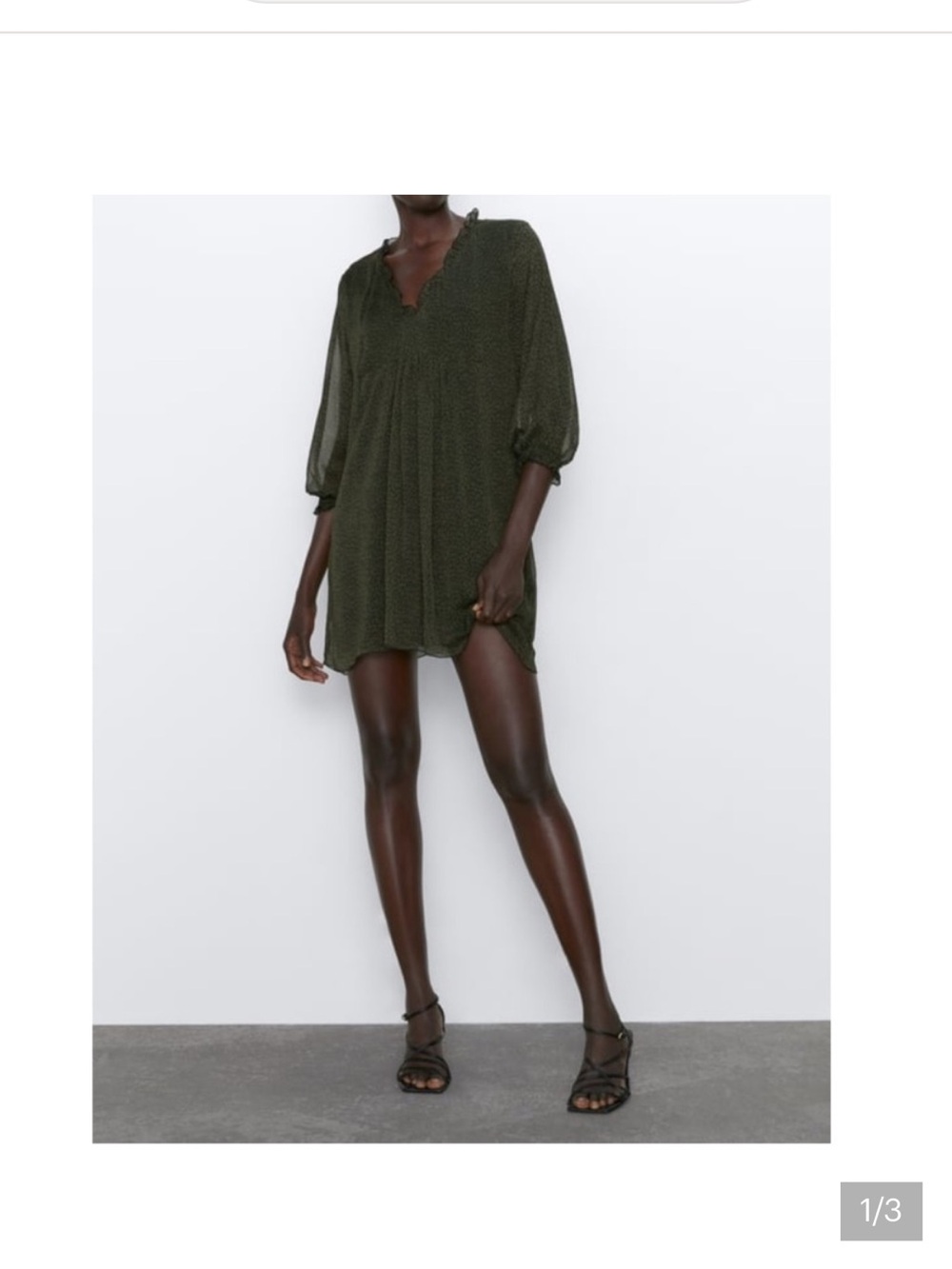 ZARA Green & Black Polka Dot Chiffon Babydoll Dress V Neck Ruffles Lined Size S